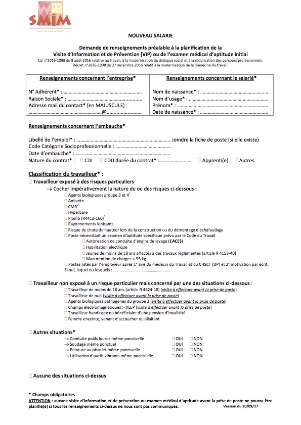 SMIM Nouveau salarié Demande de renseignements préalable à la planification