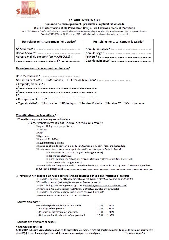 SMIM Salarié interimaire Demande de renseignements préalable à la planification