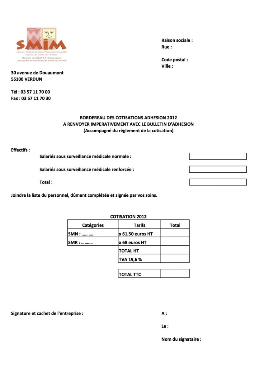 SMIM Bordereau cotisation pour nouvelle adhésion