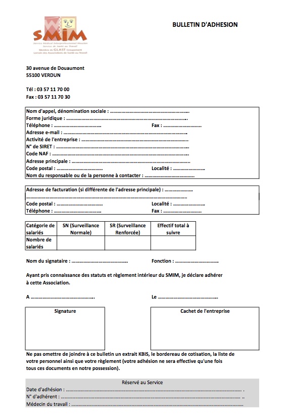 SMIM Bulletin d'adhésion